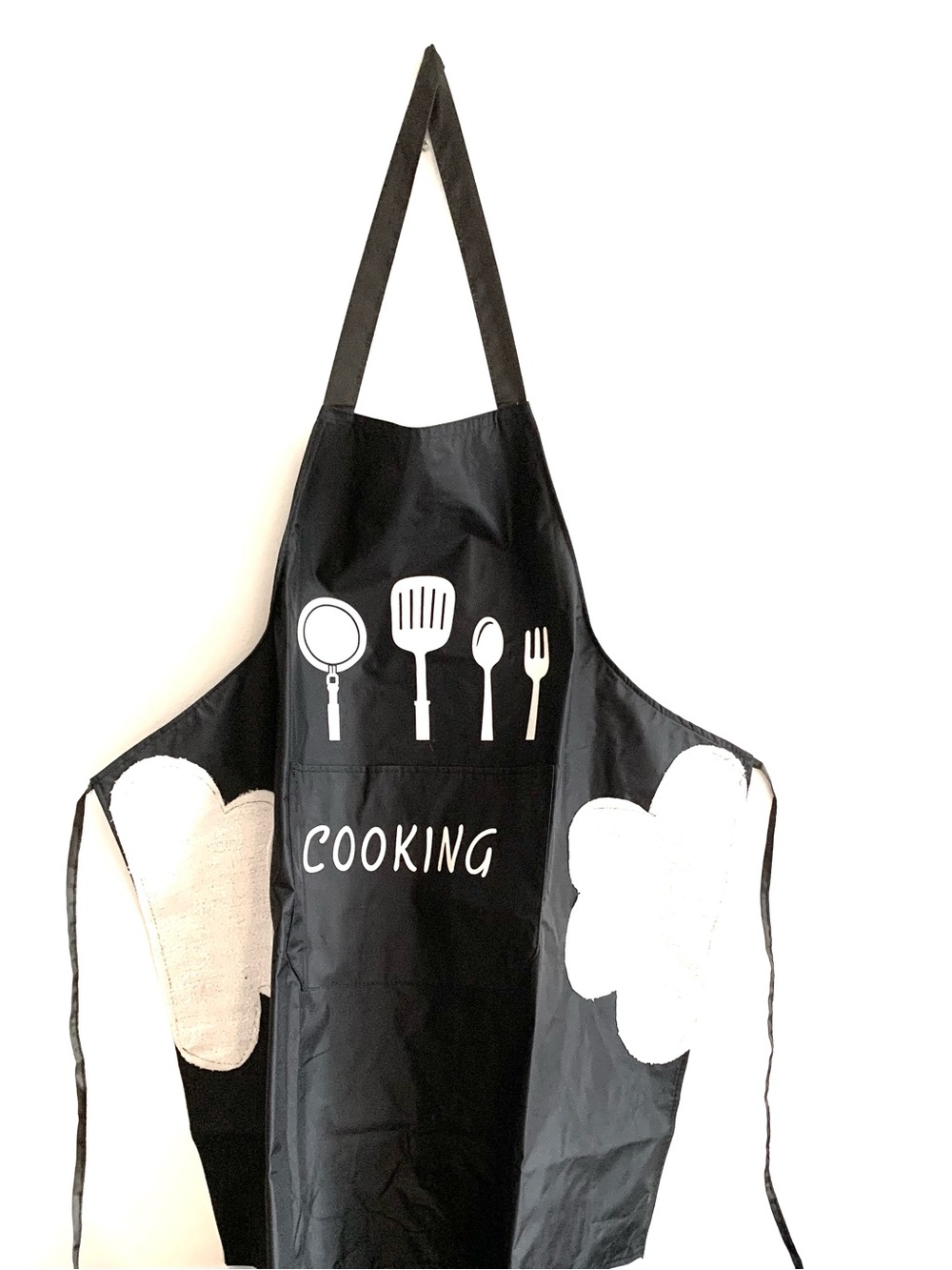 Black Cooking Apron with White Utensil Graphics